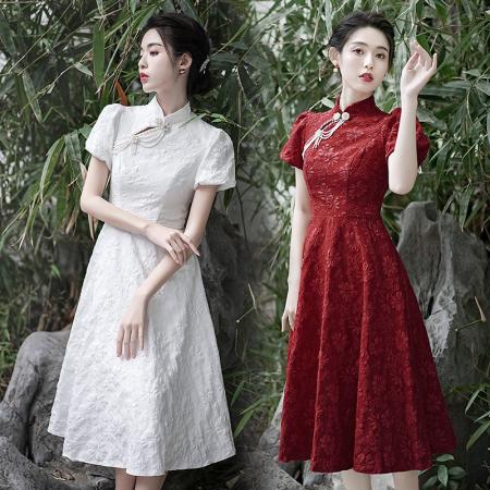 PF3959#旗袍敬酒服新娘伴娘服酒红色法式中式国风气质宽松大摆提花连衣裙